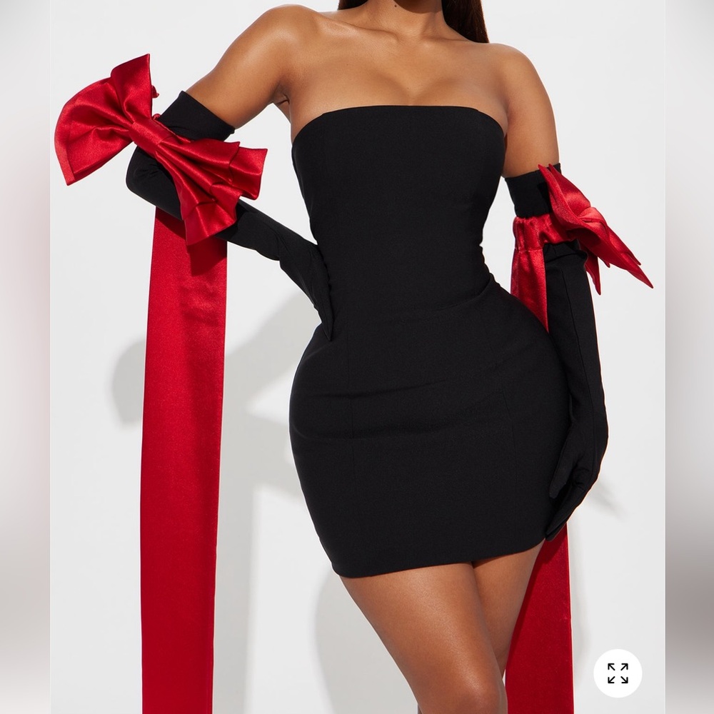 Elegant Black Strapless Dress with Red Accents